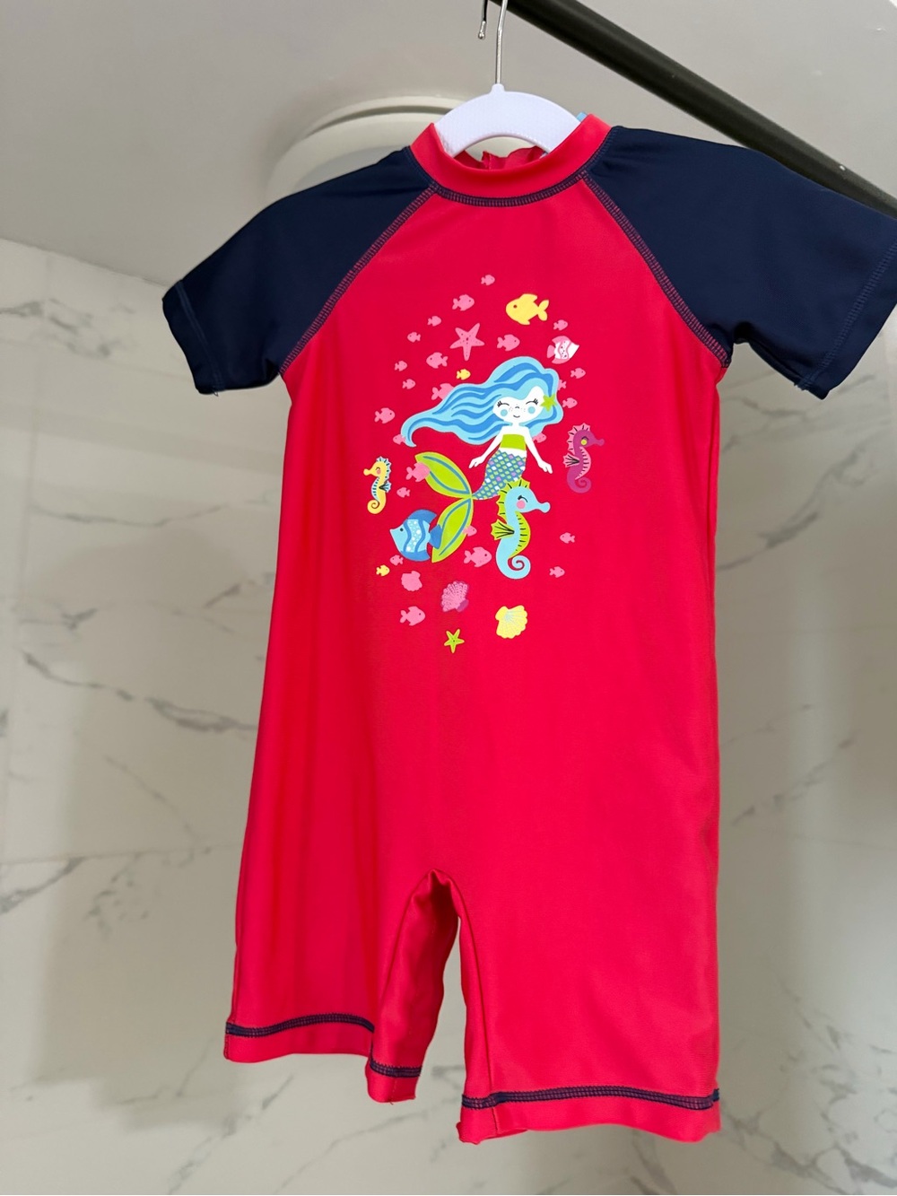 Ariella Red One-Piece Swim Suit with Navy Sleeves and Mermaid Print